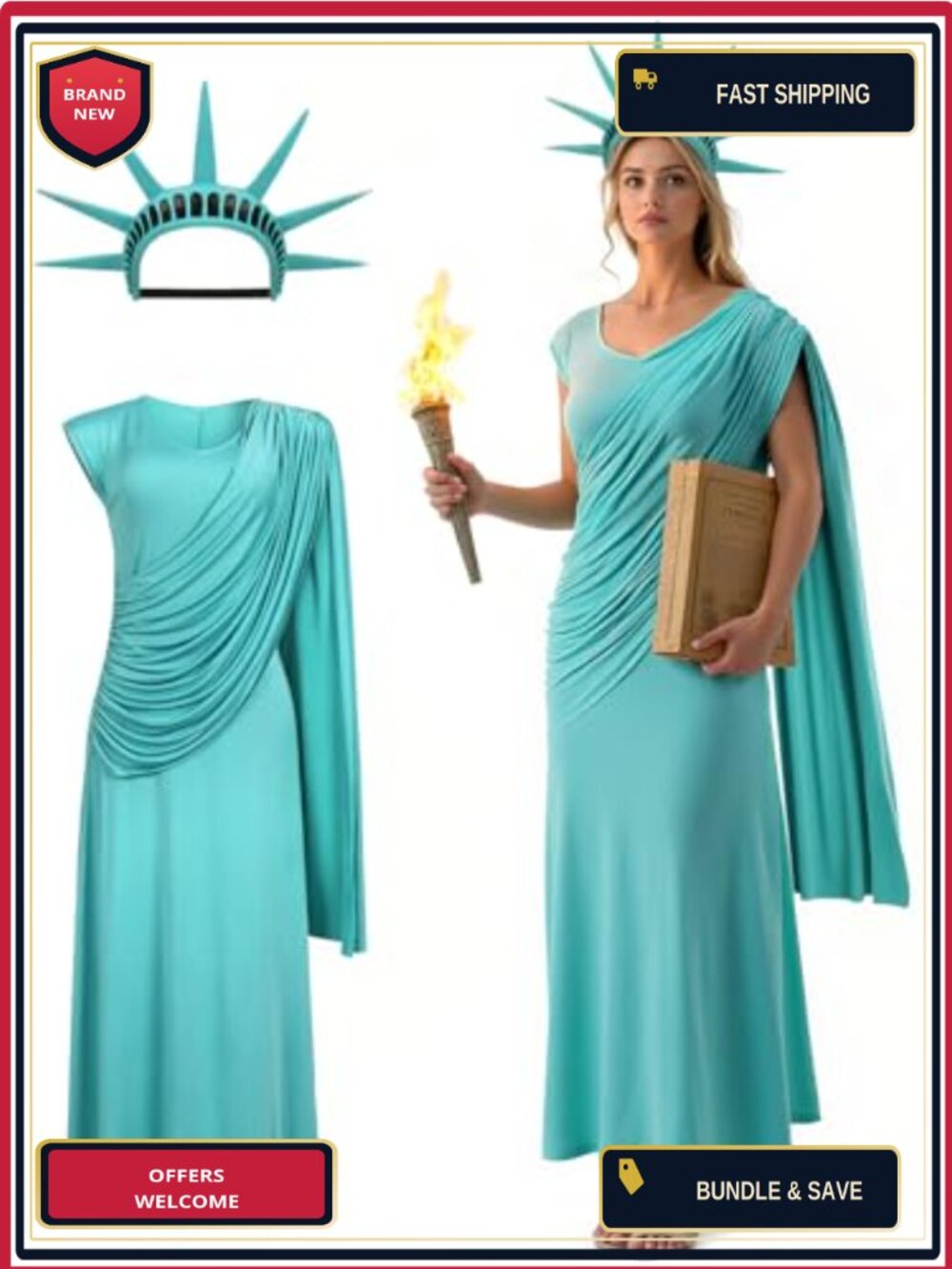 Statue of Liberty Costume Set Draped Dress 7-Spike Crown Elastic Band Adult